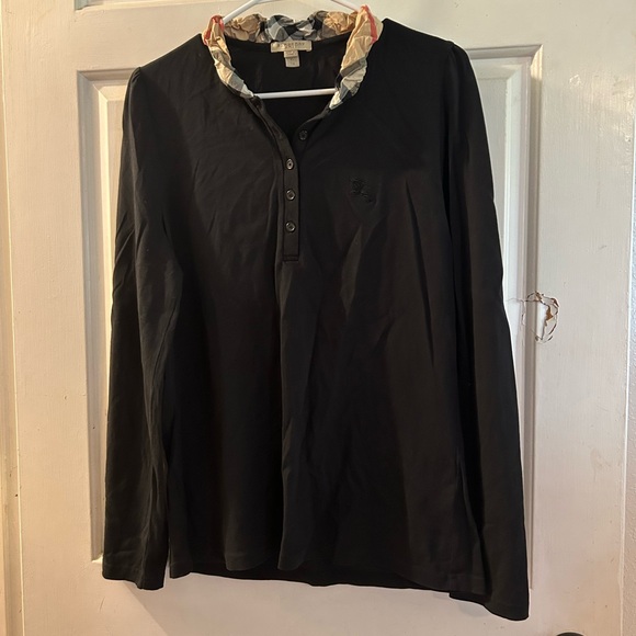 Burberry Tops - Burberry Black Long-Sleeve Polo with Plaid Collar Trim